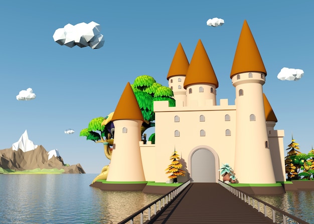 Château médiéval de dessin animé sur l&#39;île avec un beau paysage, rendu 3D