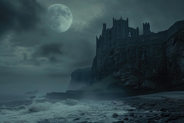 Un château médiéval sur une falaise brumeuse surplombant une mer turbulente Resplendent
