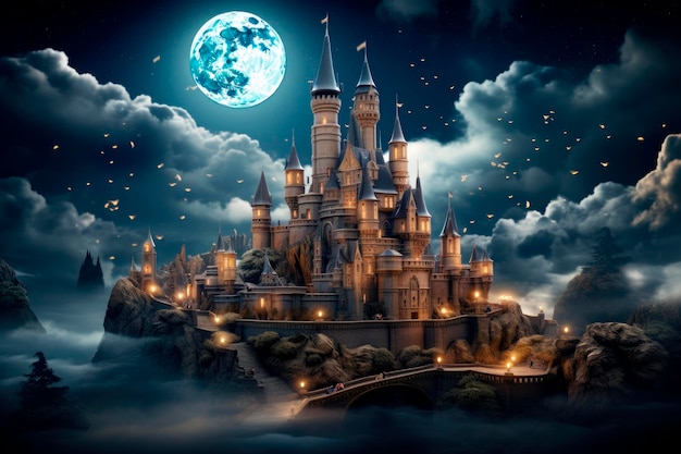 Château médiéval mystérieux dans une nuit de pleine lune