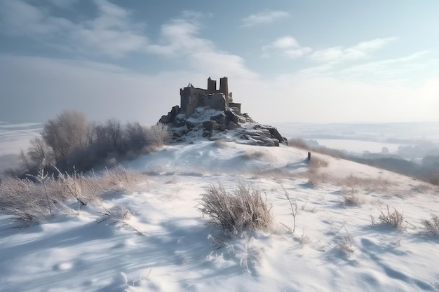 Château médiéval oublié et petite colonie et hiver froid ai génératif