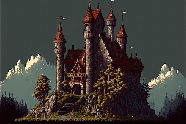 Château médiéval pixel art avec des arbres et des montagnes à l'arrière-plan dans un style rétro pour un jeu 8 bits AI