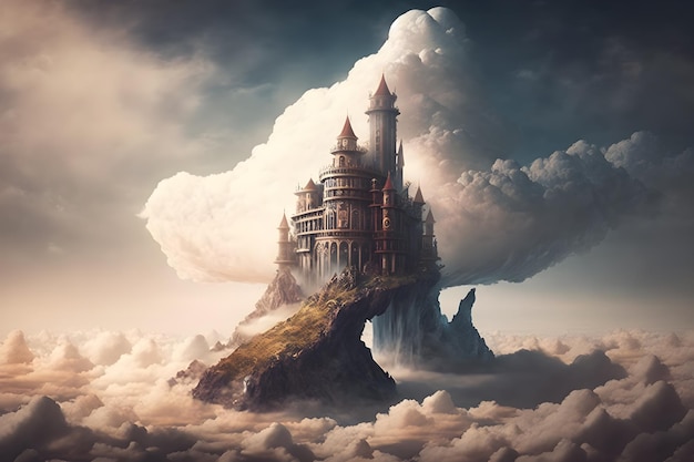 Un château sur une montagne au-dessus des nuages