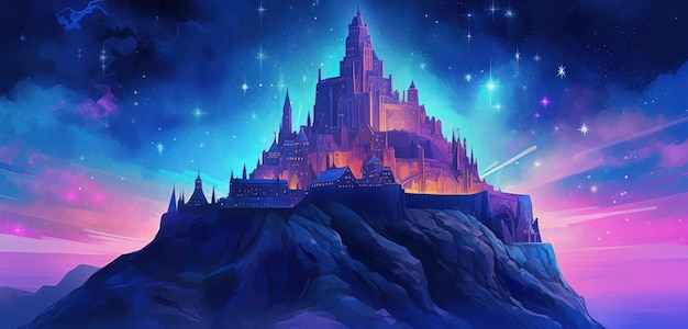 Un château sur une montagne avec une étoile en arrière-plan.