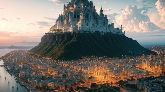 Un château sur une montagne avec une ville en arrière-plan