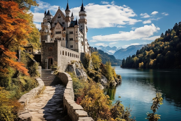 Château de Neuschwanstein en Bavière entouré par la nature générative IA