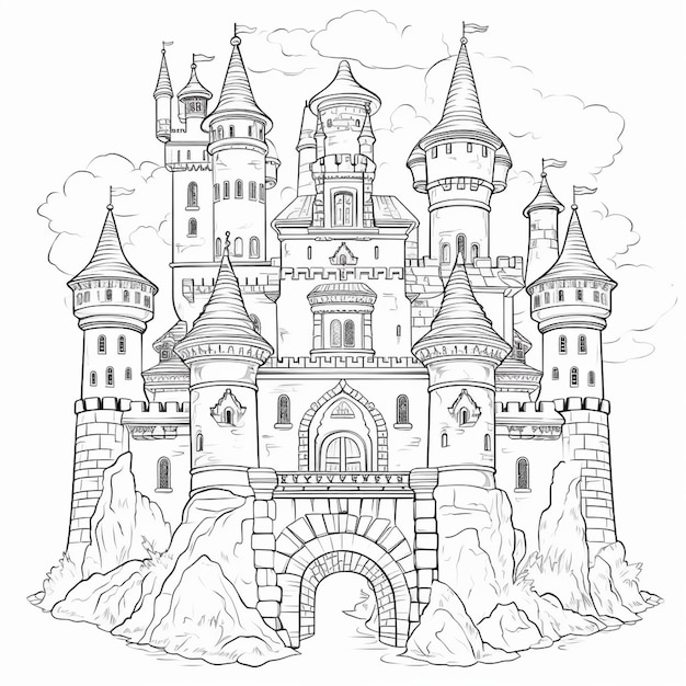 Le château en noir et blanc est un livre de coloriage.