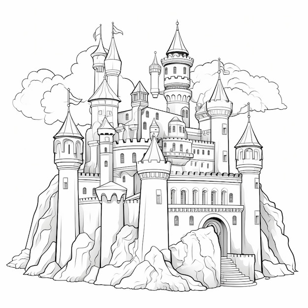 Le château en noir et blanc est un livre de coloriage.