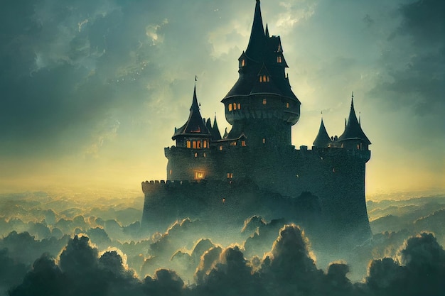 Château sur le nuage fantasy 3d illustration