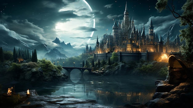 Château et nuit avec étoiles Paysage nocturne en gros plan