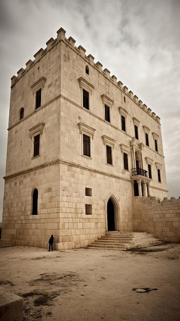 Un château avec une personne debout devant lui