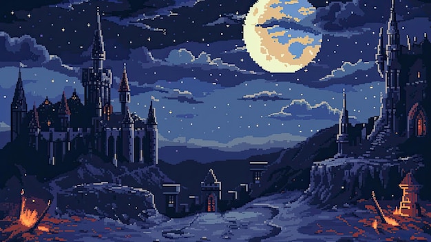 Château de pixels dans les rayons de la lune Style clown serviteurs royaume prince sombre roi princesse trône sujets possessions héritage généré par AI