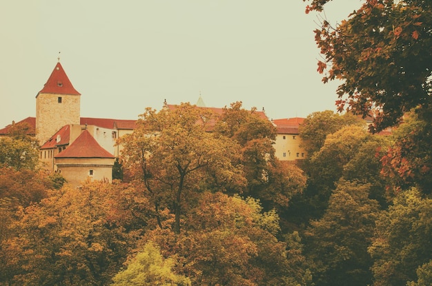 Château de Prague, vieille ville avec des arbres d'automne, fond d'automne saisonnier de voyage européen dans le style vintage