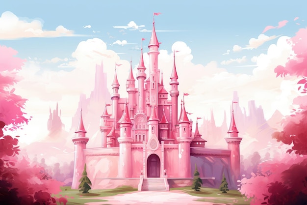 Château de la princesse dans un style de conte de fées un merveilleux château de princesse mignon dans un design rose de style de contes de fées Ai généré