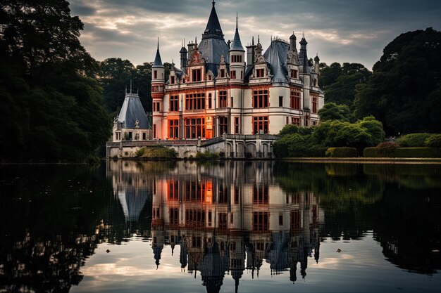 Photo un château avec une réflexion d'un château sur l'eau