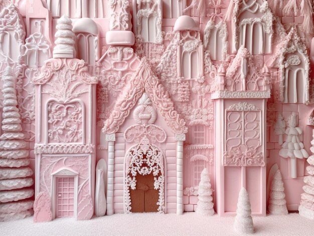 Photo un château rose avec un bonhomme de neige à la porte