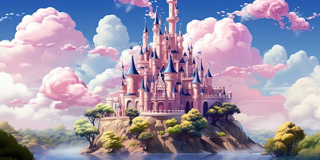 Château royal rose flottant sur une île dans le ciel Illustration de dessin animé vectoriel du palais médiéval magique volant sur un morceau de terre herbe verte arbre nuages blancs autour des plates-formes de niveau de jeu royaume fantastique