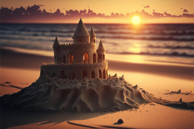 Château de sable au coucher du soleil sur la plage