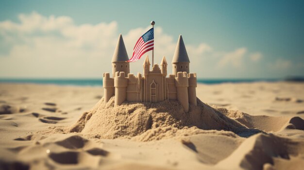 Photo château de sable avec drapeau américain sur la plage