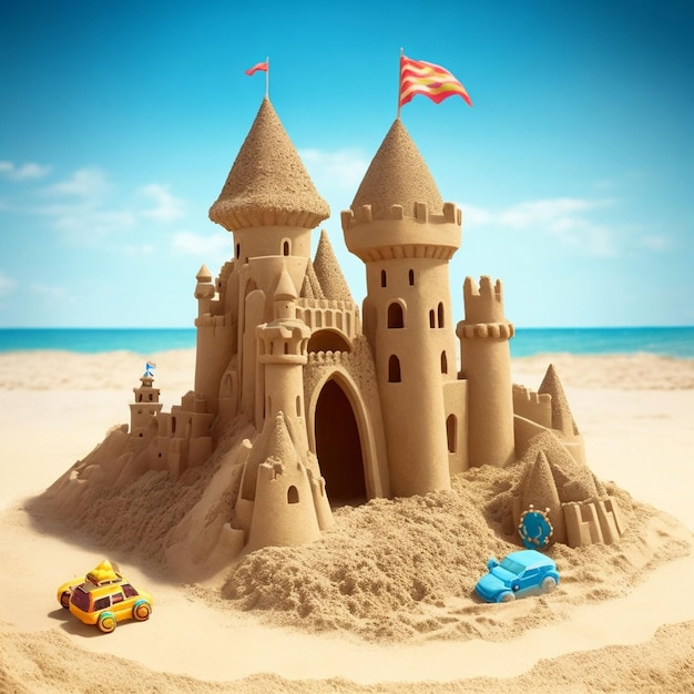 Un château de sable avec un drapeau dessus et une voiture sur la plage