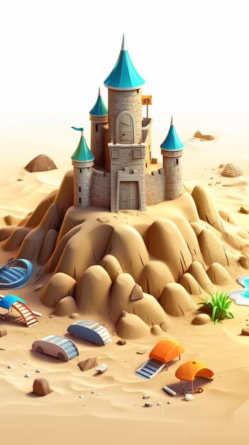 Un château de sable est affiché sur un gâteau