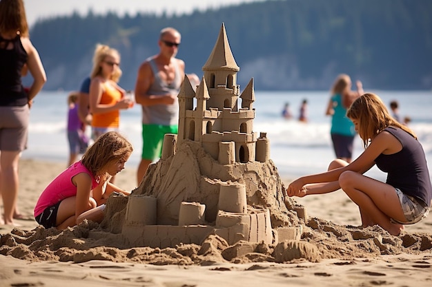 Photo un château de sable est sur la plage et les enfants jouent dans le sable.