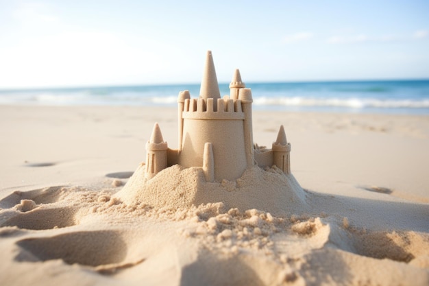 Un château de sable à moitié rempli sur la plage