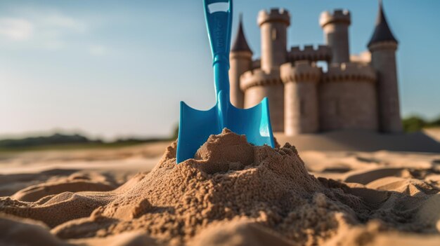 Photo château de sable et pelle sur la plage concept de vacances d'été
