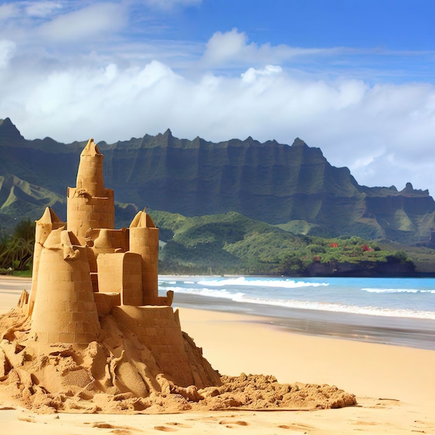 Château de sable sur la plage de la baie de Hanalei à Kauai