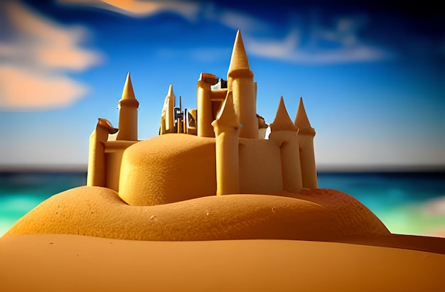 Château de sable sur une plage avec un ciel bleu en arrière-plan photo AI Generated