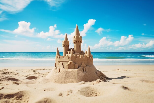château de sable sur la plage avec le ciel bleu à l'arrière