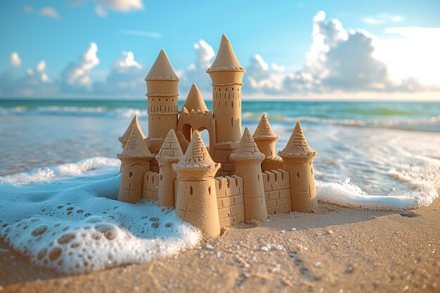 Château de sable sur la plage dans la mousse de mer