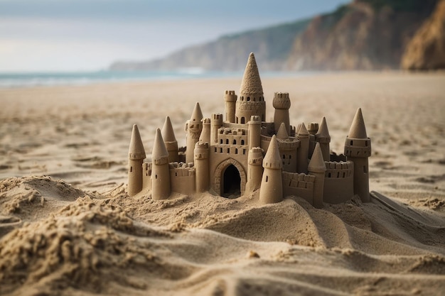 Château de sable avec une plage doucement floue en arrière-plan