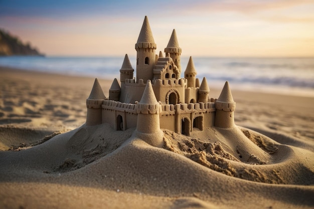 Château de sable avec une plage doucement floue en arrière-plan