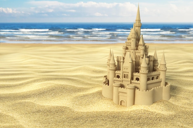 Château de sable sur la plage sur la mer et le ciel en arrière-plan