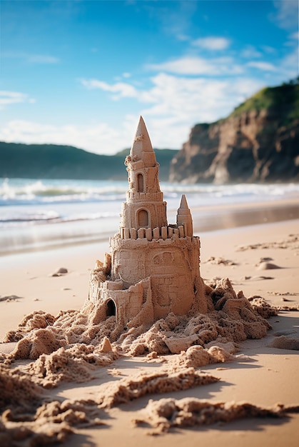 un château de sable sur le rivage brouillé par les vagues
