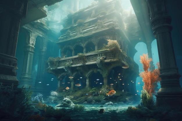 Château sous-marin futuriste avec poissons et coraux AI générative