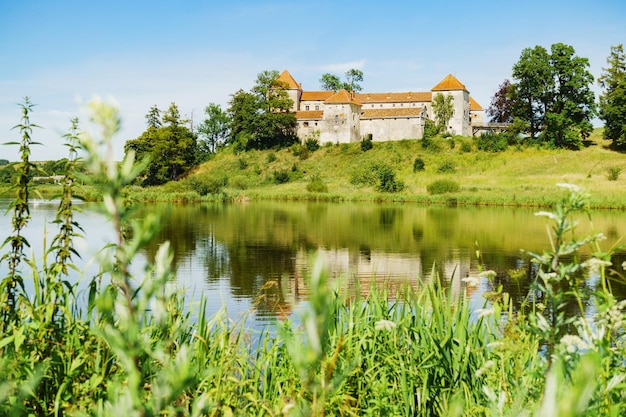 Château de Svirzh reflète dans l'eau du lac région de Lviv Ukraine