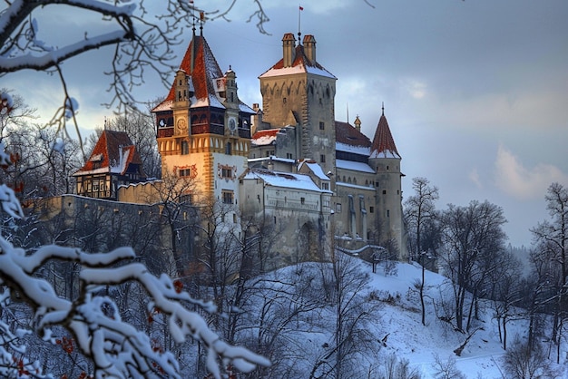 un château avec un toit couvert de neige et une branche d'arbre