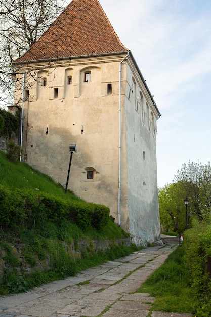 Un château avec un toit rouge et un toit blanc.