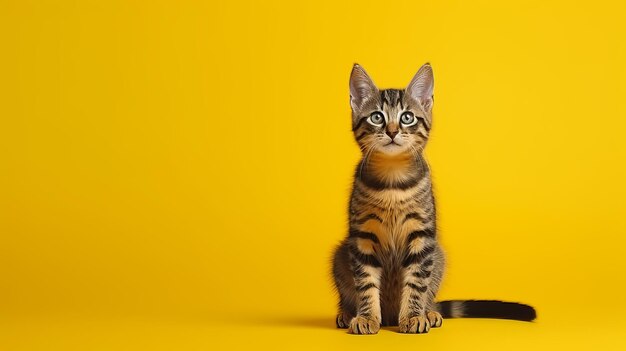 Un chaton adorable assis sur un fond de couleurs vives avec beaucoup d'espace pour la photographie de textes d'animaux de compagnie