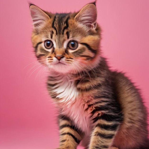 Un chaton adorable assis sur un fond rose