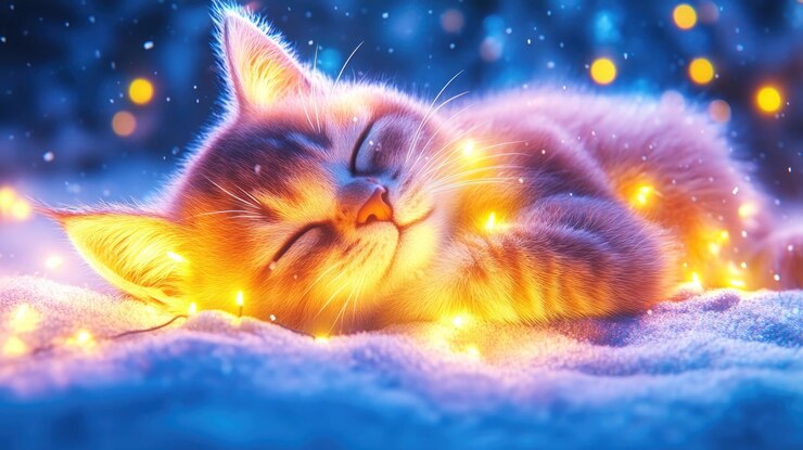Un chaton adorable qui dort paisiblement dans le pays des merveilles d'hiver.