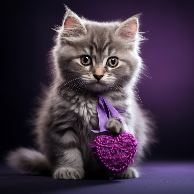 chaton araffy avec un arc violet et une boule violette générative ai