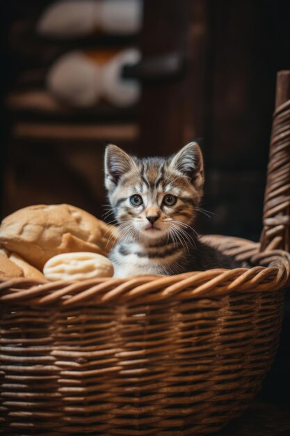 Un chaton assis dans un panier avec du pain image ai générative