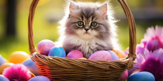 Un chaton assis dans un panier avec des œufs de Pâques.