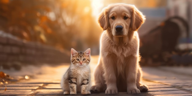 un chaton sur un bébé golden retriever