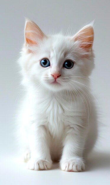 Un chaton blanc aux yeux bleus assis sur une surface blanche