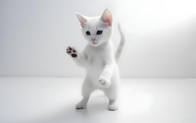 Un chaton blanc aux yeux bleus se dresse sur ses pattes arrière et a sa patte levée.