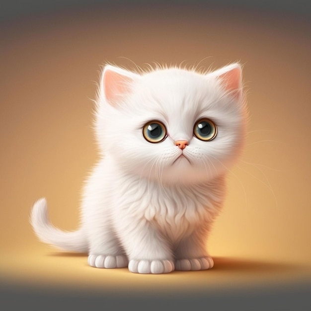 Un chaton blanc aux yeux verts est assis sur un fond marron.