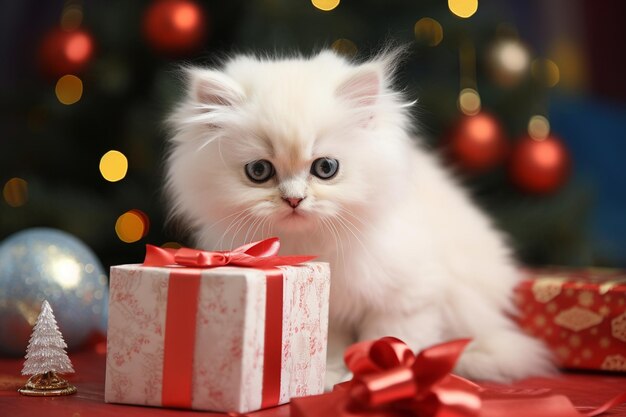 Chaton blanc sur un cadeau de Noël